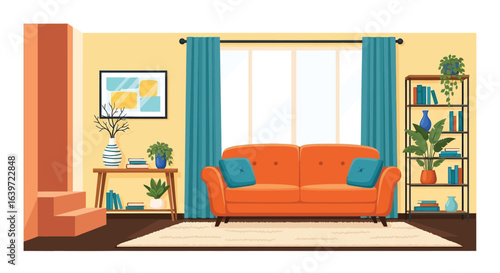 Modern living room interior design with orange sofa and plants