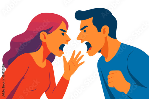 Couple arguing aggressively with raised voices in colorful illustration couple yelling at each other