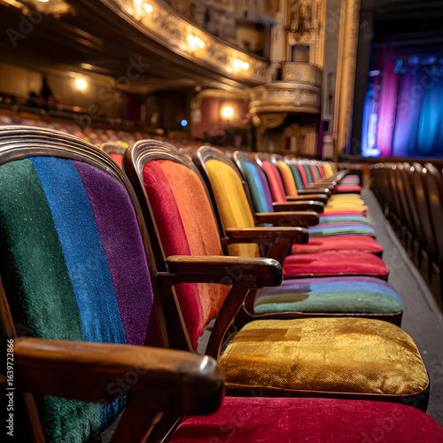 Vacant Theater Seats Upholstered in Pride Flag Colors