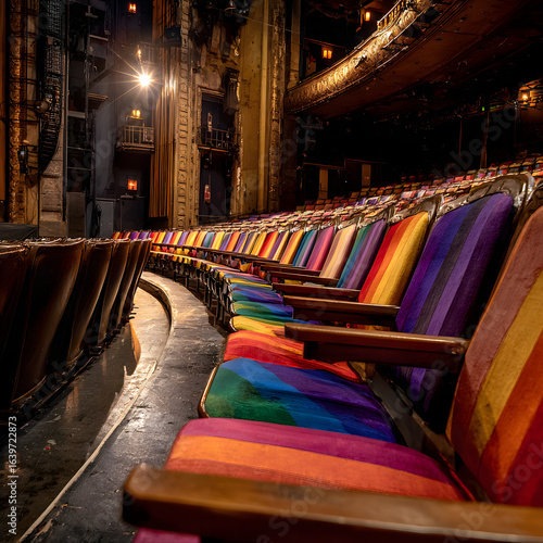 Empty theater seats covered with Pride flag upholstery