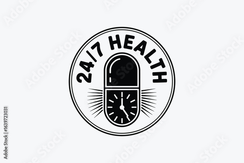 A black and white logo with a pill and clock inside a circle with the words health and twenty four seven