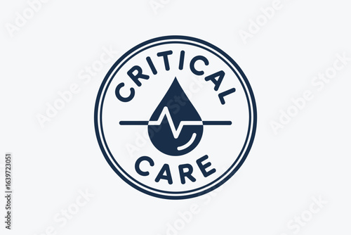 A critical care logo featuring a dark blue teardrop with a heartbeat line inside a double circle border