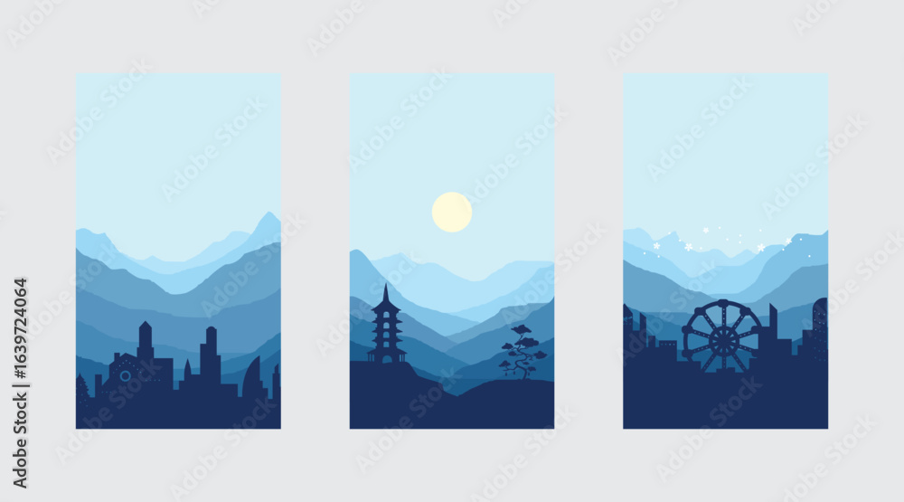 Obraz premium Futuristic Cityscape Silhouette with Pagoda and Ferris Wheel in Blue Sky