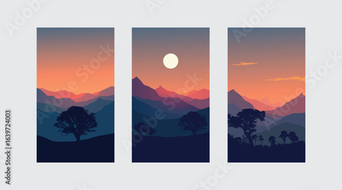 Peaceful Mountain Forest Landscape with Moon and Colorful Sky at Dusk