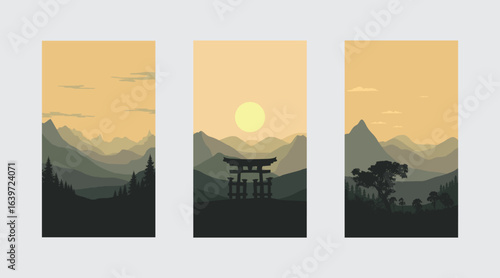 Tranquil Japanese Mountain Landscape with Torii Gate and Forest Trees at Golden Hour