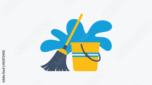 A cartoon illustration of a yellow bucket and a gray mop with a blue water splash behind it
