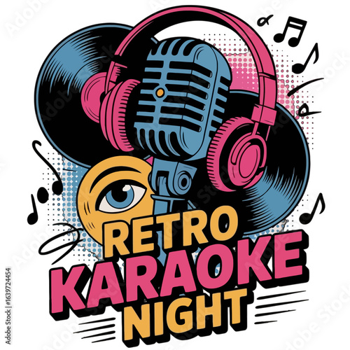 Retro karaoke night poster with a microphone and music notes