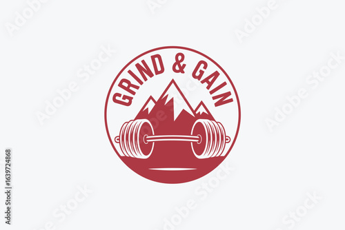 A red circle logo featuring the words grind and gain with a barbell and mountain graphic inside it