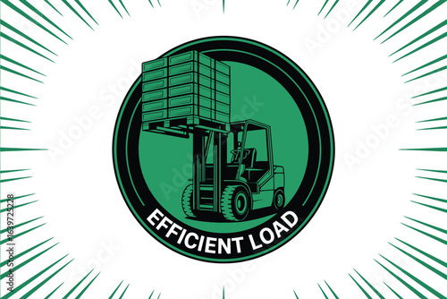 A forklift carrying a stack of pallets inside a green circle with the words efficient load written