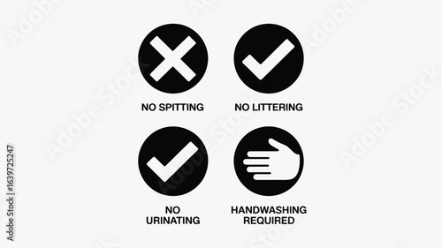 A sign with symbols indicating no spitting, no littering, no urinating, and handwashing required