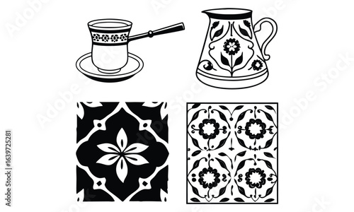 Coffee Cup, Turkish Coffee Pot and Carafe Sketches