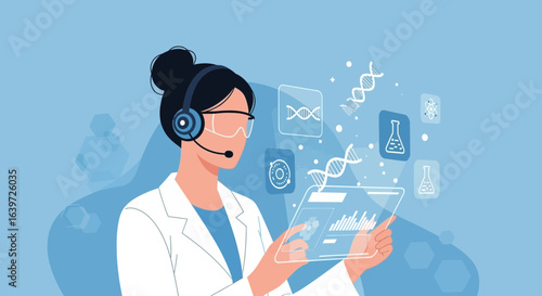 A futuristic scientist interacting with a digital interface and scientific icons
