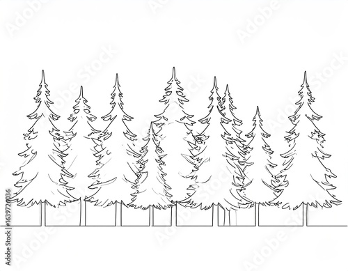 Line art with pine forest, nature, trees, and sketch.