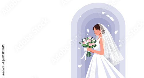 A serene bride holding a lush bouquet in an enchanting archway setting