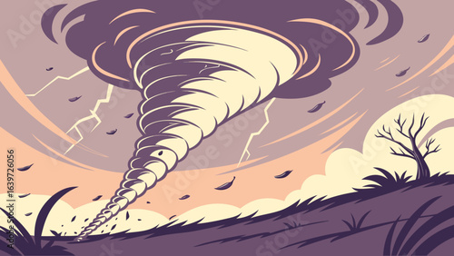 Tornado alley weather illustration of a twister with lightning storm and falling leaves vector graphics