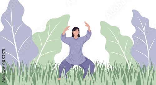 A woman practicing tai chi outdoors, embraced by nature's serenity and calm