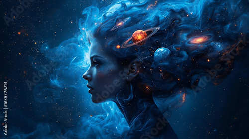 Wallpaper Mural Surreal portrait of a woman with planets and blue cosmic smoke in a starry night sky. Generative AI. Torontodigital.ca