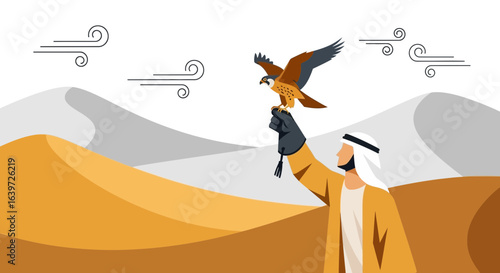 Arabian falconry tradition illustration, showcasing a man with his hunting bird