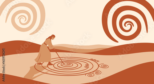 Archaic artist making spiral art in the desert, a minimalistic vision