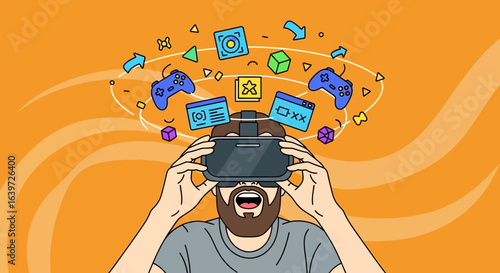 A person experiencing virtual reality world with floating game icons illustration