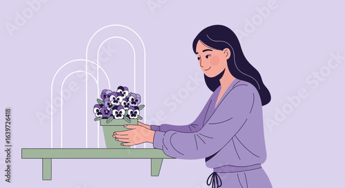 A serene woman tending to a pot of pansies, cultivating calm and beauty