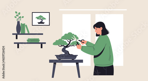 A person tending to a bonsai tree in a serene, minimalistic interior setting