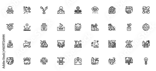 Ecology and pollution icon set. Environmental vector symbols pack. Includes toxic, water pollution, solar energy, climate change, reusable, landfill, CO2, air pollution and more. Editable stroke.