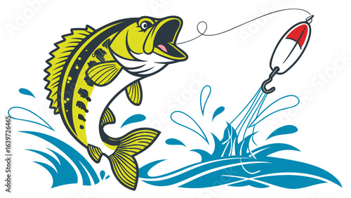 Fishing illustration of a jumping bass with a bobber and hook for sport fishing and recreational angling
