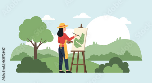 Captivating artistry in a serene setting, an artist paints nature's beauty