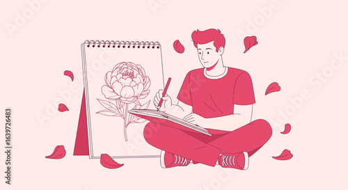 Captivating artwork displaying a creative artist sketching flower in a serene ambiance