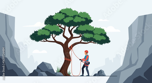 Adventurer Ascending a Cliffside with Repelling Gear and Support Tree