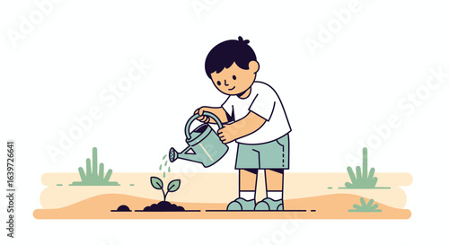 Cartoon Boy Watering a Young Sprout in a Garden with Care and Tenderness