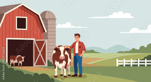 Cartoon farm scene featuring farmer, cows, red barn, fields and white fence