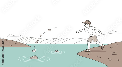 Cartoon Illustration of a Boy Skipping Stones by the Lakeside Adventure