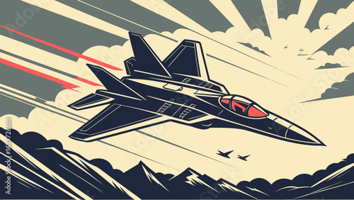 Jet fighter aircraft flying over mountains vector illustration military aviation and defense concept design art