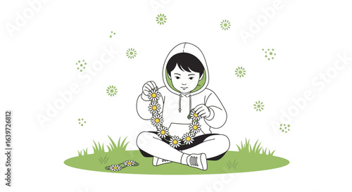 Child creates daisy chain on green field vector illustration concept