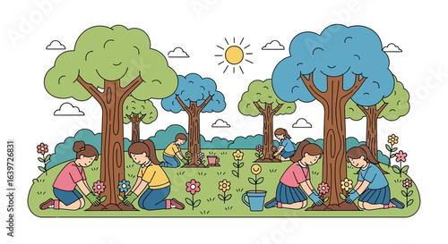 Children planting flowers in a vibrant spring garden, promoting nature conservation