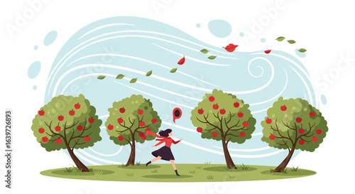 Autumn breeze chasing a woman through orchard with stylized wind effect