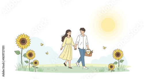 Couple enjoying summer picnic in sunflower field, hand drawn illustration