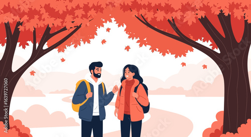 Couple Enjoying Autumn Season Hike Under Vibrant Foliage Canopy
