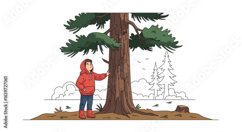 Contemplative Child Exploring the Ancient Forest with Majestic Redwood Tree