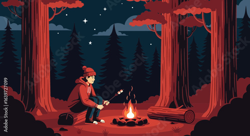 Cozy camping night under the stars in the dense redwood forest scenery