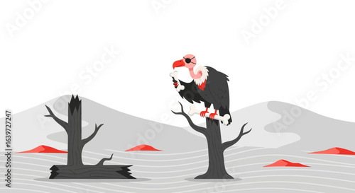 Cartoon vulture with eyepatch perched on a dead tree, desolate landscape