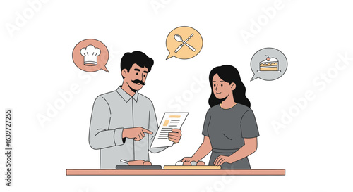 Culinary couple cooking together viewing recipe book and thinking culinary ideas