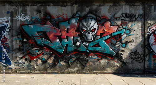 Urban decay canvas displays intricate graffiti art with a metallic skull, bright color splashes, and weathered textures on a weathered concrete wall revealing street art's dynamic layers