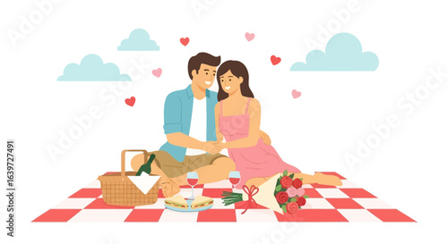 Couple having a romantic picnic date with wine and flowers vector design