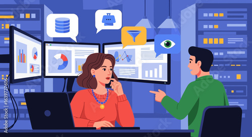 Data analysts interpreting visual dashboards and presenting insights in datacenter