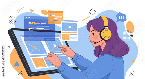 Creative User Interface designer developing website app with headset vector