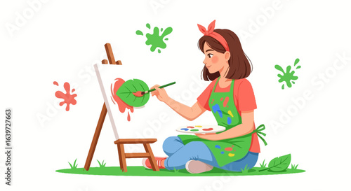 Creative young woman passionately painting a leaf with bright colors, artwork
