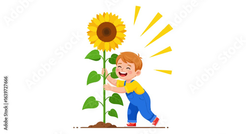 Delighted young boy proudly embraces a giant sunflower in vibrant illustration